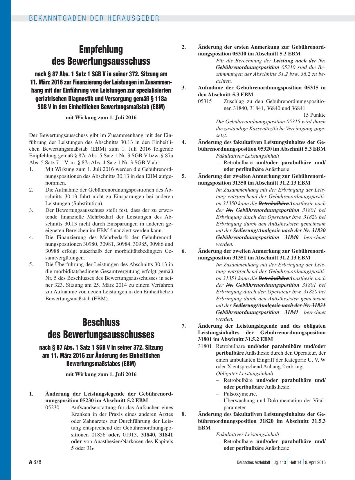 Vorschauseite 1: Empfehlung des Bewertungsausschuss nach § 87 Abs. 1 Satz 1 SGB V in seiner 372. Sitzung am 11. März 2016 zur Finanzierung der Leistungen im Zusammen hang mit der Einführung von Le…
