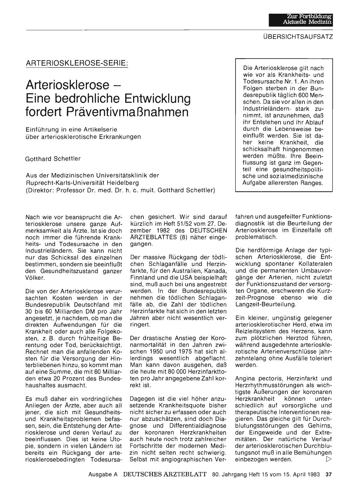 Vorschauseite 1: Arteriosklerose — Eine bedrohliche Entwicklung fordert Präventivmaßnahmen