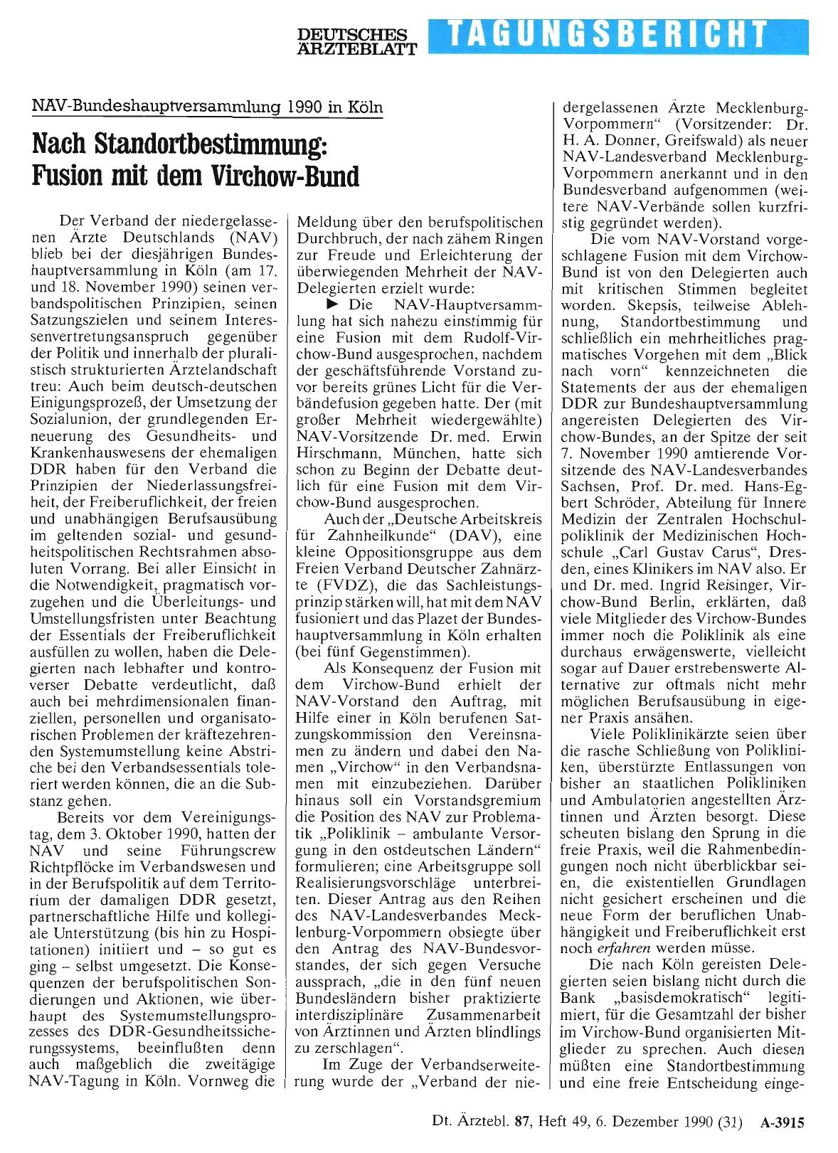 Vorschauseite 1: NAV-Bundeshauptversammlung 1990 in Köln: Nach Standortbestimmung: Fusion mit dem Virchow-Bund