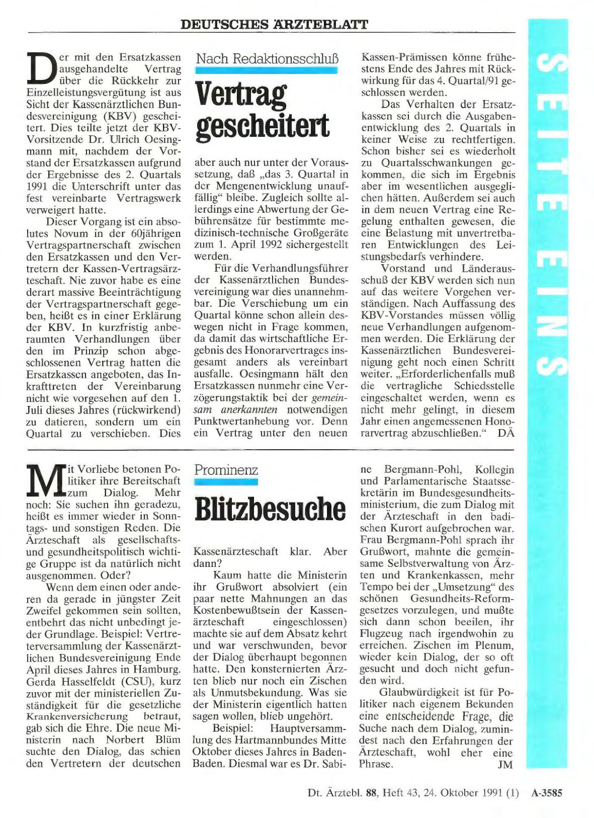 Vorschauseite 1: Nach Redaktionsschluß: Vertrag gescheitert
