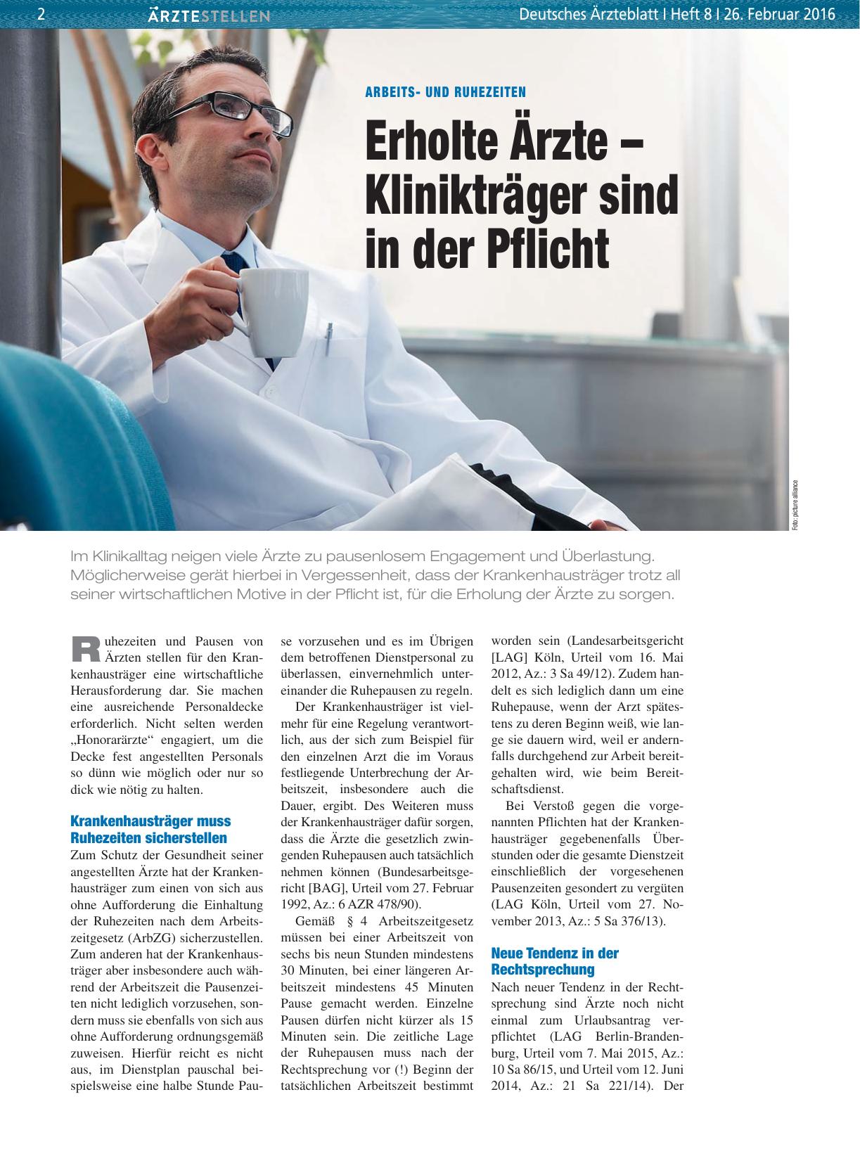 Vorschauseite 1: Arbeitsund Ruhezeiten: Erholte Ärzte – Klinikträger sind in der Pflicht