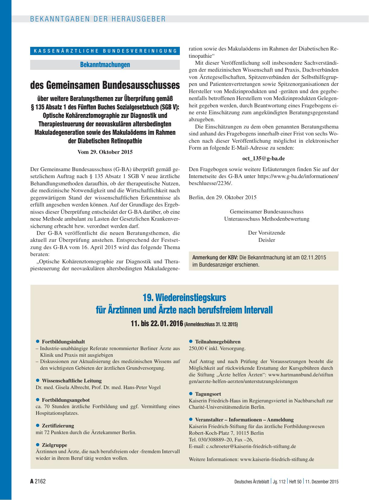 Vorschauseite 1: 19. Wiedereinstiegskurs für Ärztinnen und Ärzte nach berufsfreiem Intervall – 11. bis 22. 01. 2016 (Anmeldeschluss 31. 12. 2015)