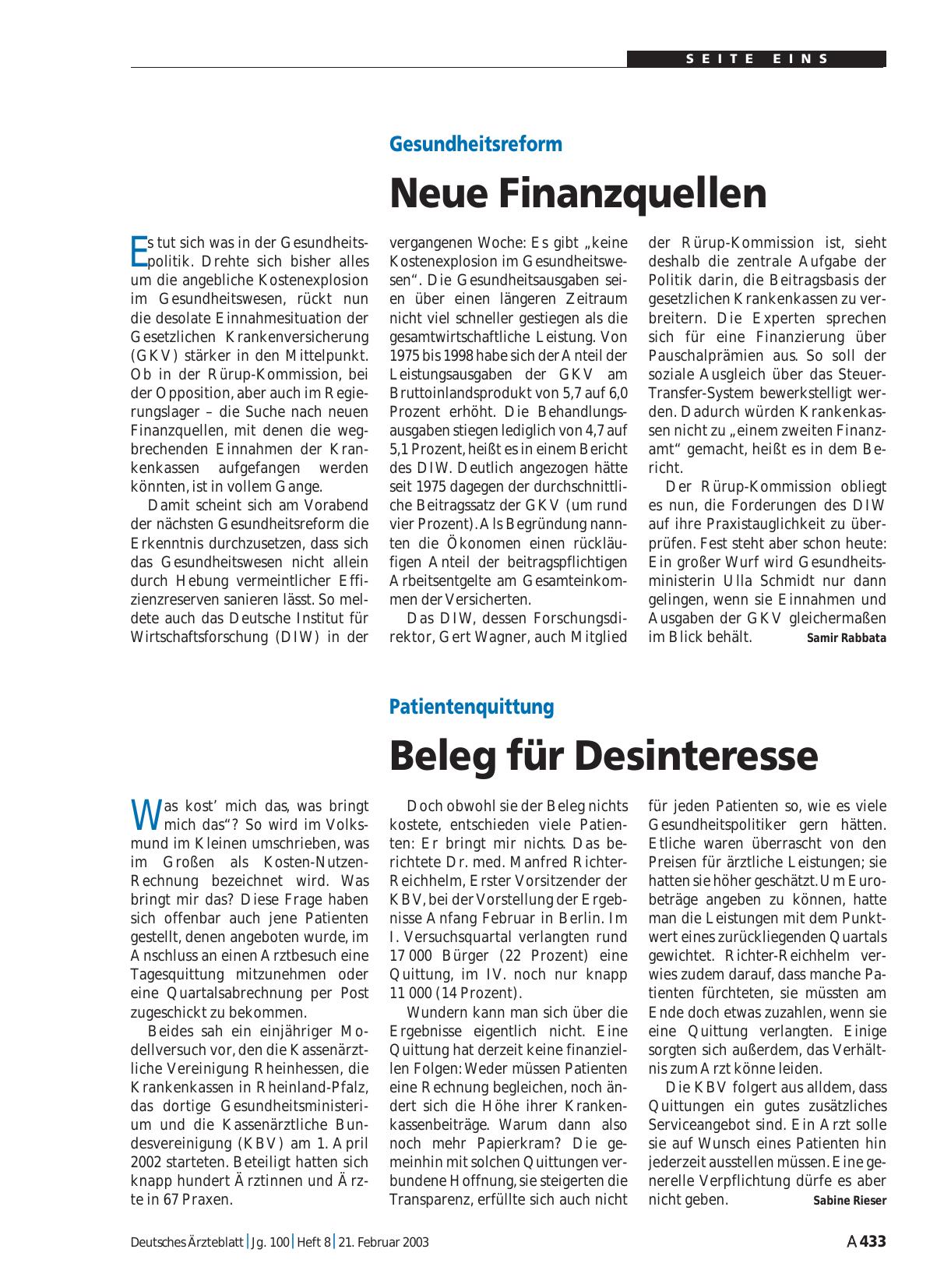Vorschauseite 1: Gesundheitsreform: Neue Finanzquellen