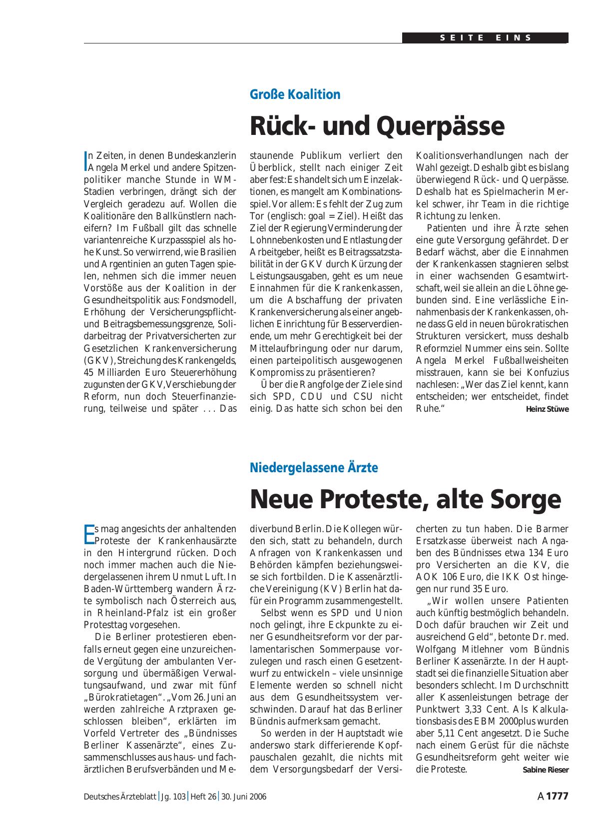Vorschauseite 1: Große Koalition: Rückund Querpässe
