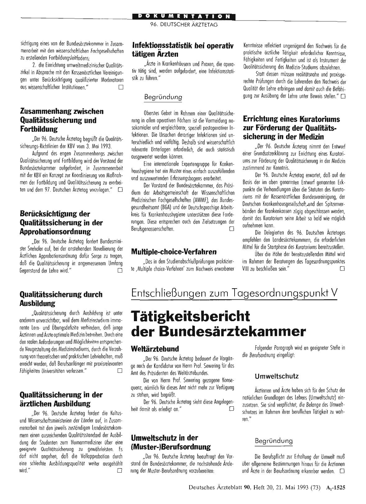 Vorschauseite 1: Entschließungen zum Tagesordnungspunkt V: Tätigkeitsbericht der Bundesärztekammer