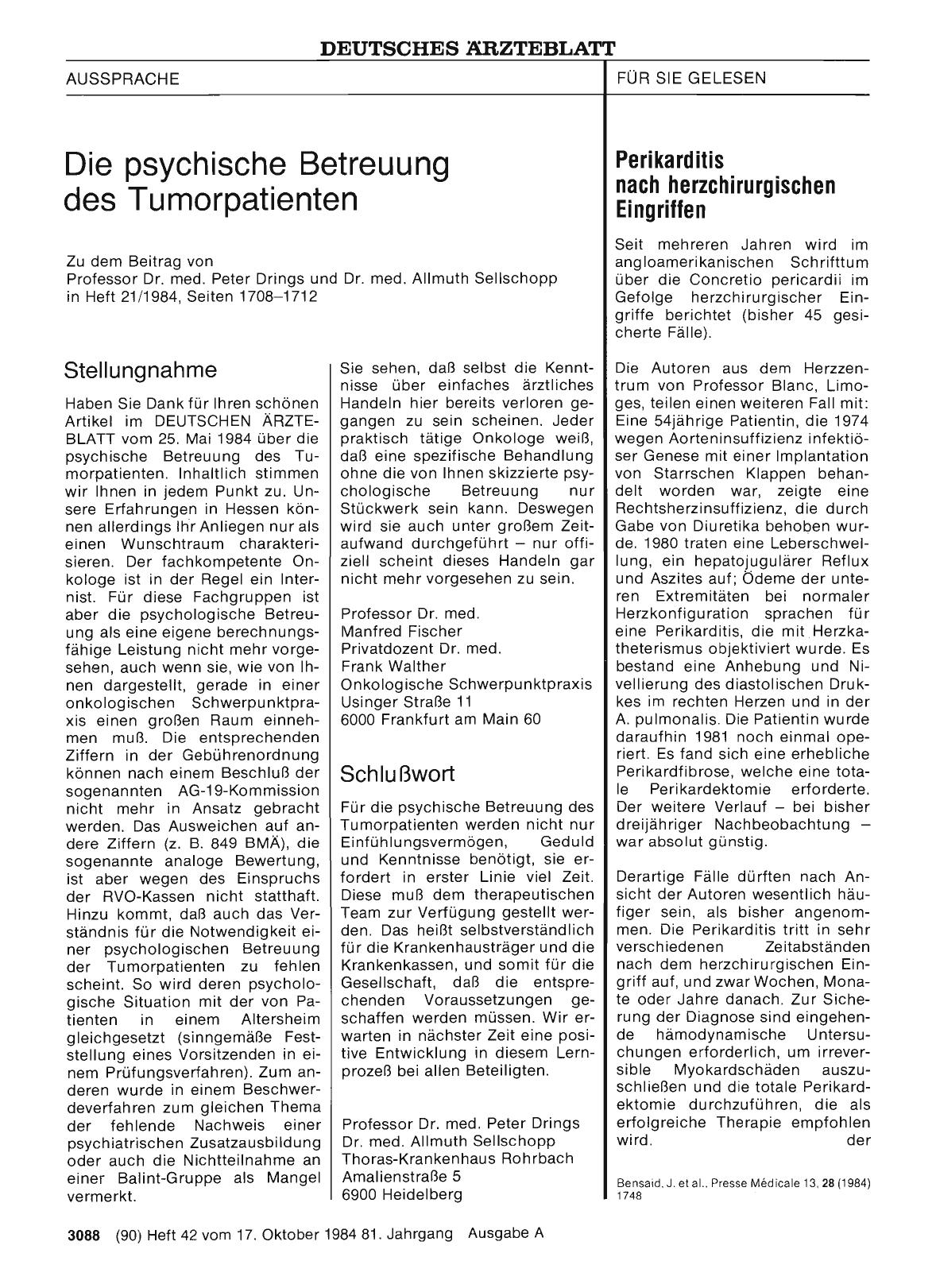 Vorschauseite 1: Die psychische Betreuung des Tumorpatienten: Schlußwort