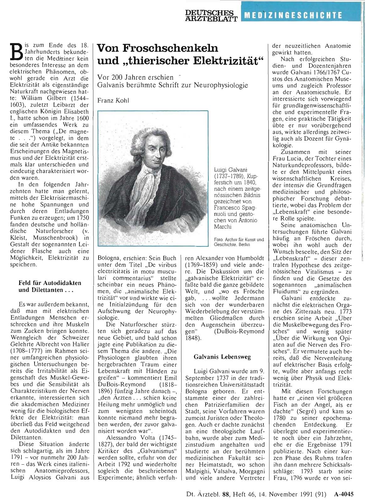 Vorschauseite 1: Von Froschschenkeln und „thierischer Elektrizität“: Vor 200 Jahren erschien Galvanis berühmte Schrift zur Neurophysiologie