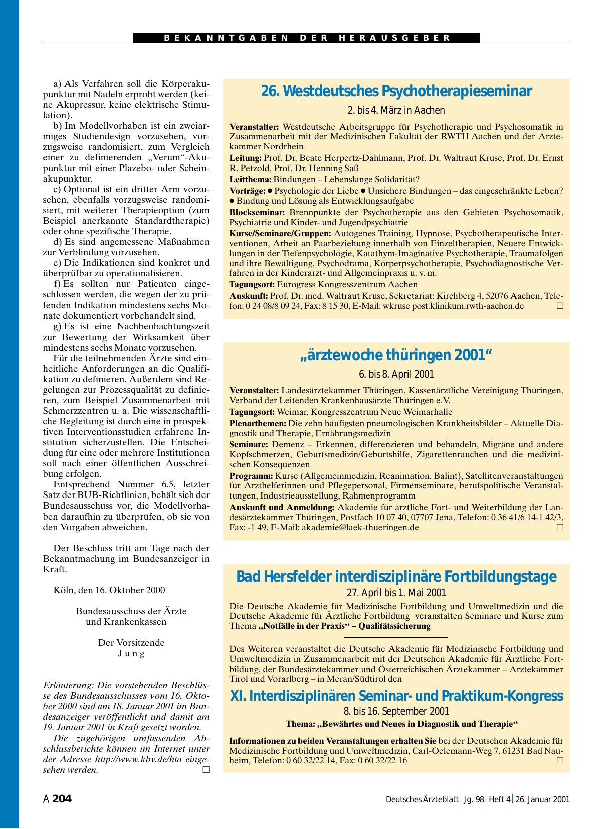Vorschauseite 1: Bad Hersfelder interdisziplinäre Fortbildungstage: 27. April bis 1. Mai 2001
