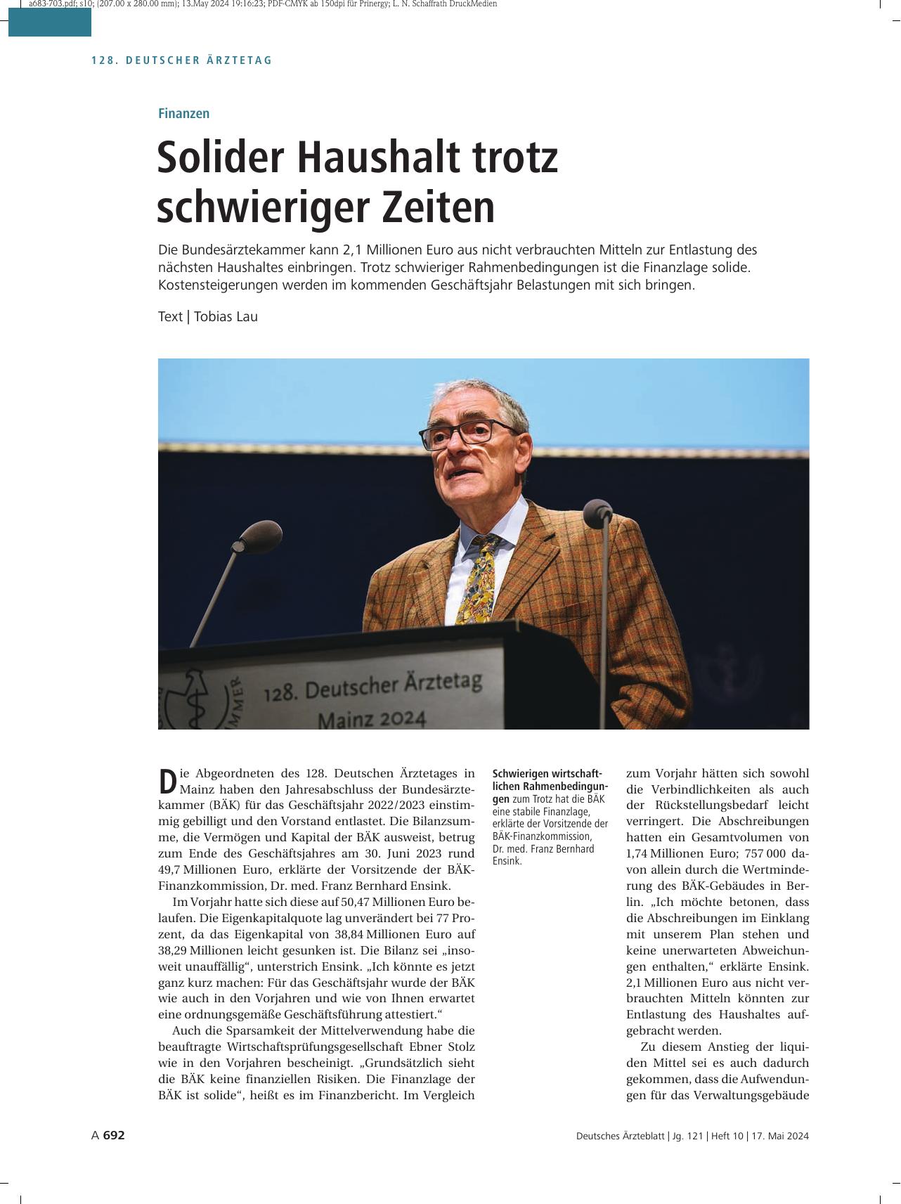 Vorschauseite 1: Finanzen: Solider Haushalt trotz schwieriger Zeiten