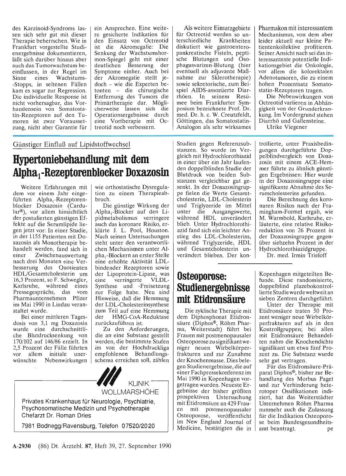 Vorschauseite 1: Günstiger Einfluß auf Lipidstoffwechsel: Hypertoniebehandlung mit dem Alpha1-Rezeptorenblocker Doxazosin
