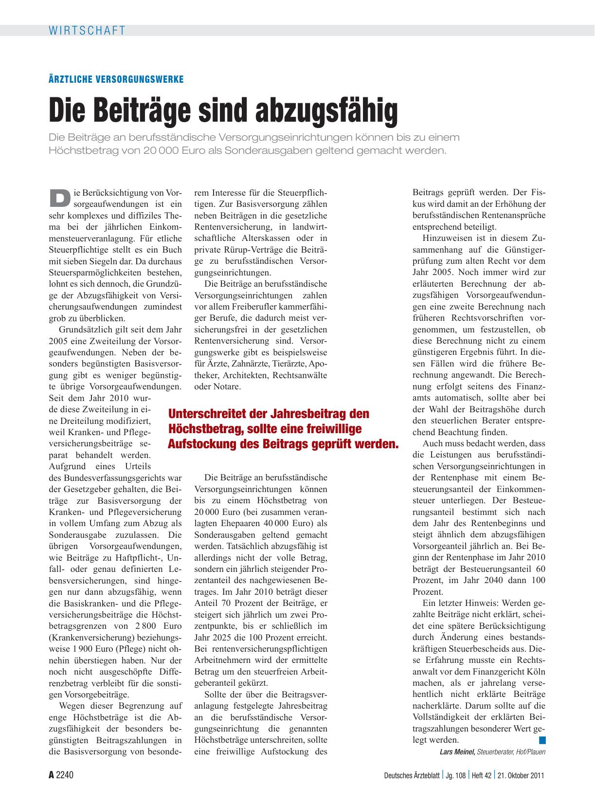 Vorschauseite 1: Ärztliche Versorgungswerke: Die Beiträge sind abzugsfähig
