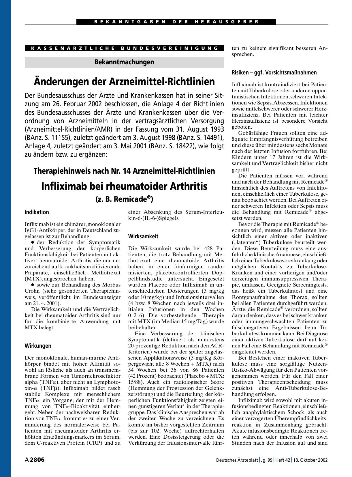 Vorschauseite 1: Änderungen der Arzneimittel-Richtlinien: Therapiehinweis nach Nr. 14 Arzneimittel-Richtlinien – Infliximab bei rheumatoider Arthritis (z. B. Remicade®)