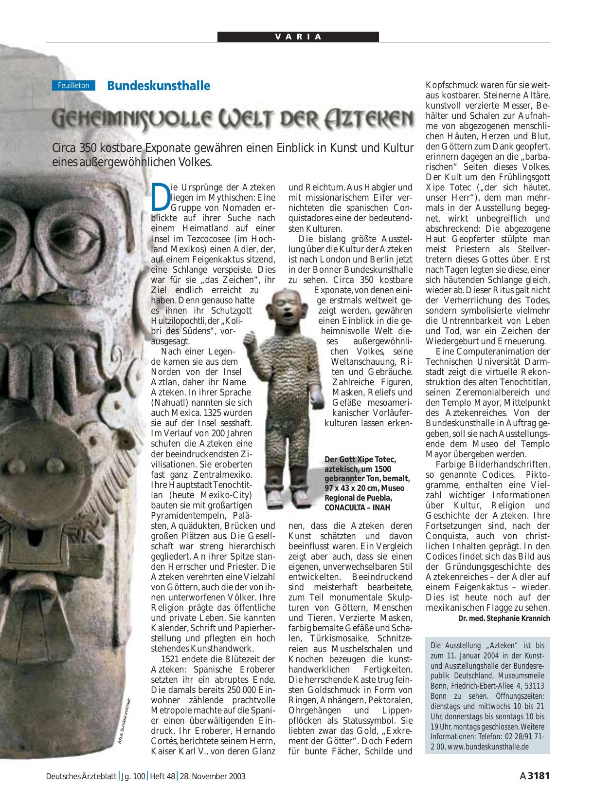 Vorschauseite 1: Bundeskunsthalle: Geheimnisvolle Welt der Azteken