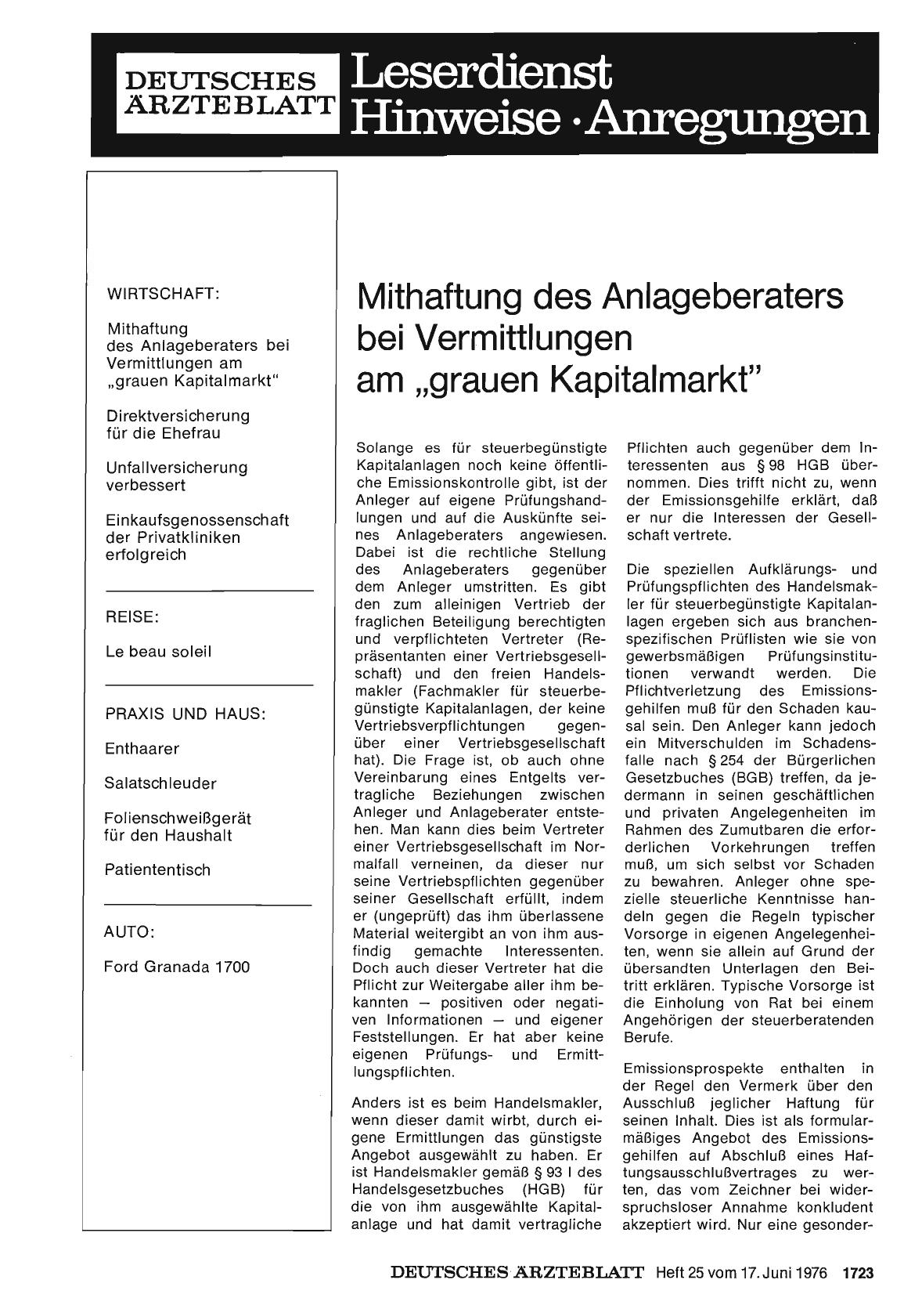 Vorschauseite 1: Mithaftung des Anlageberaters bei Vermittlungen am „grauen Kapitalmarkt“