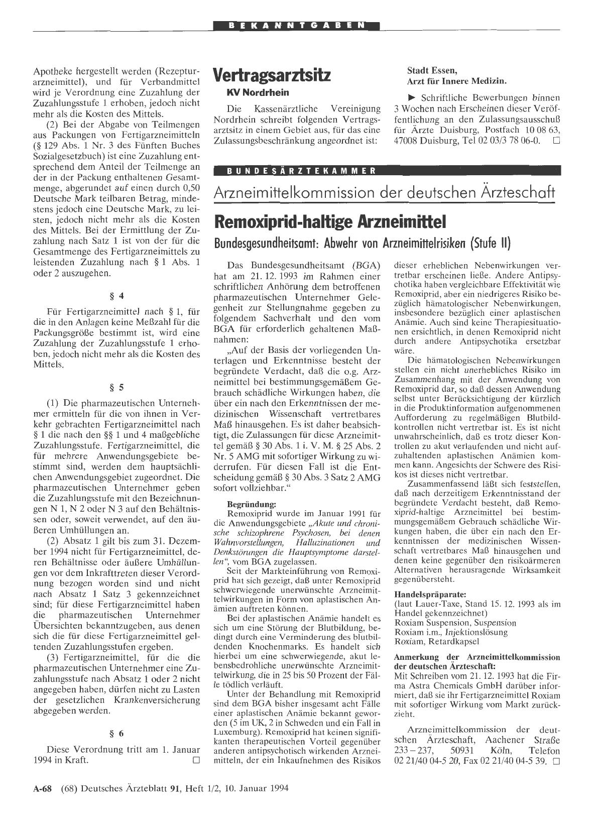 Vorschauseite 1: Remoxiprid-haltige Arzneimittel: Bundesgesundheitsamt: Abwehr von Arzneimittelrisiken (Stufe II)