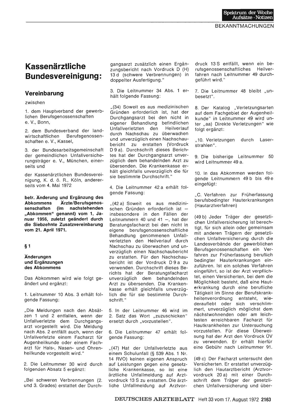 Vorschauseite 1: Kassenärztliche Bundesvereinigung: Vereinbarung. .. betr. Änderung und Ergänzung des Abkommens Ärzte/Berufsgenossenschaften (im nachstehenden „Abkommen" genannt) vom 1. Januar 195…