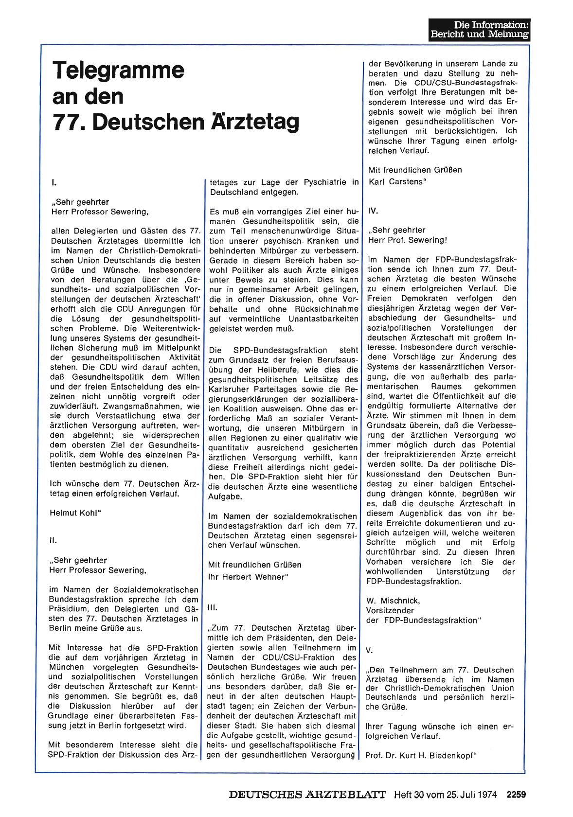 Vorschauseite 1: Telegramme an den 77. Deutschen Ärztetag