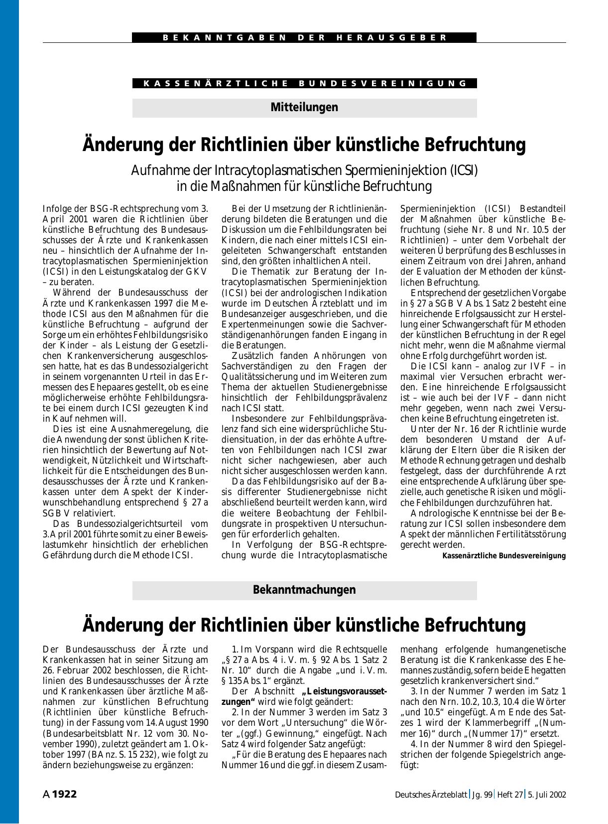 Vorschauseite 1: Bekanntmachungen: Änderung der Richtlinien über künstliche Befruchtung