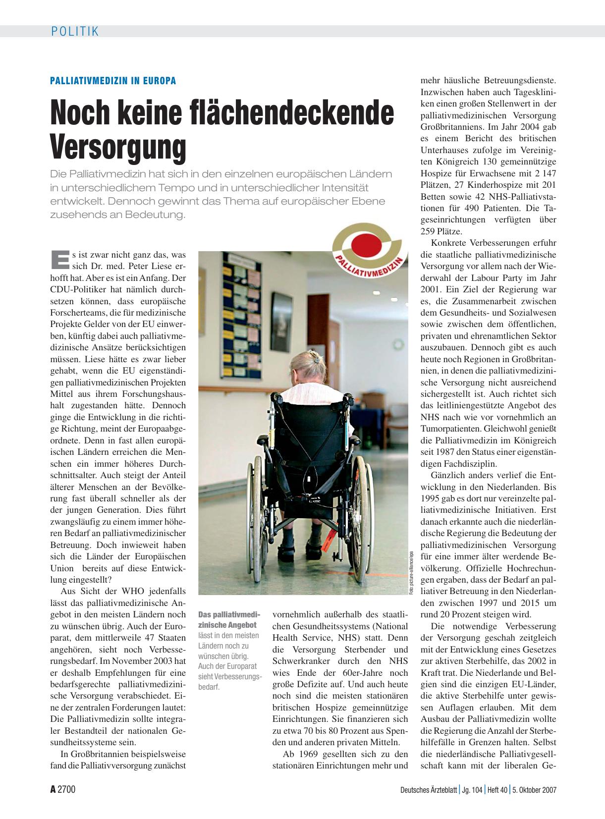 Vorschauseite 1: Palliativmedizin in Europa: Noch keine flächendeckende Versorgung
