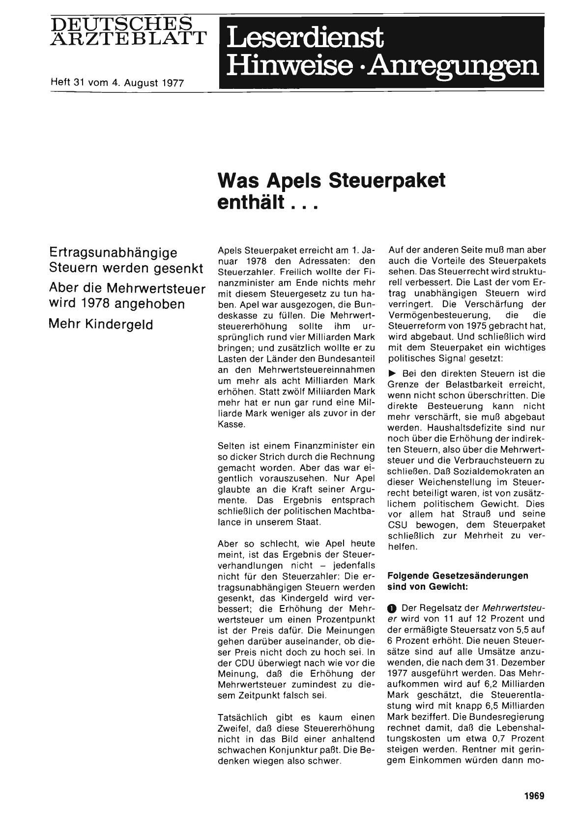 Vorschauseite 1: Was Apels Steuerpaket enthält. ..