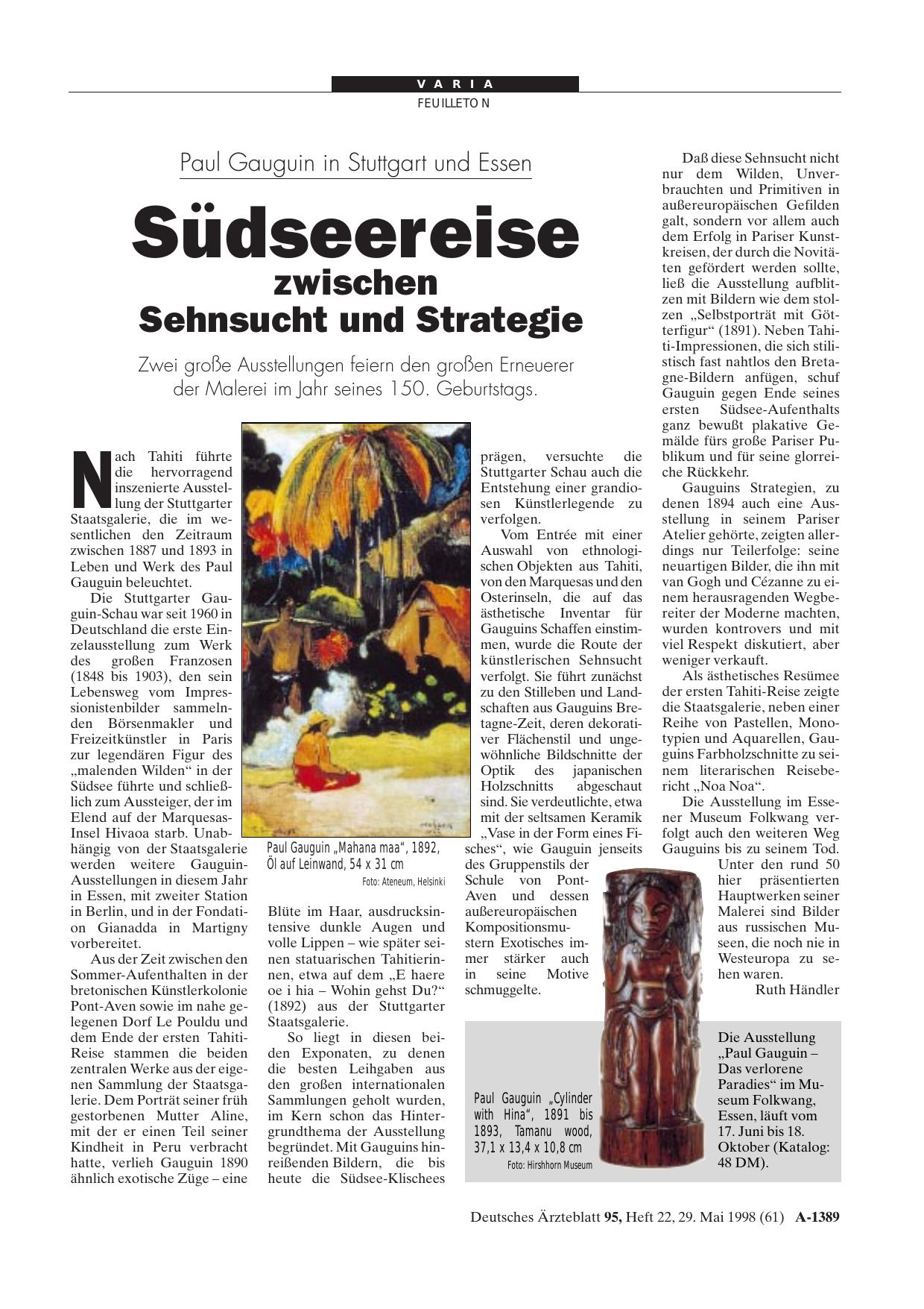 Vorschauseite 1: Paul Gauguin in Stuttgart und Essen: Südseereise zwischen Sehnsucht und Strategie