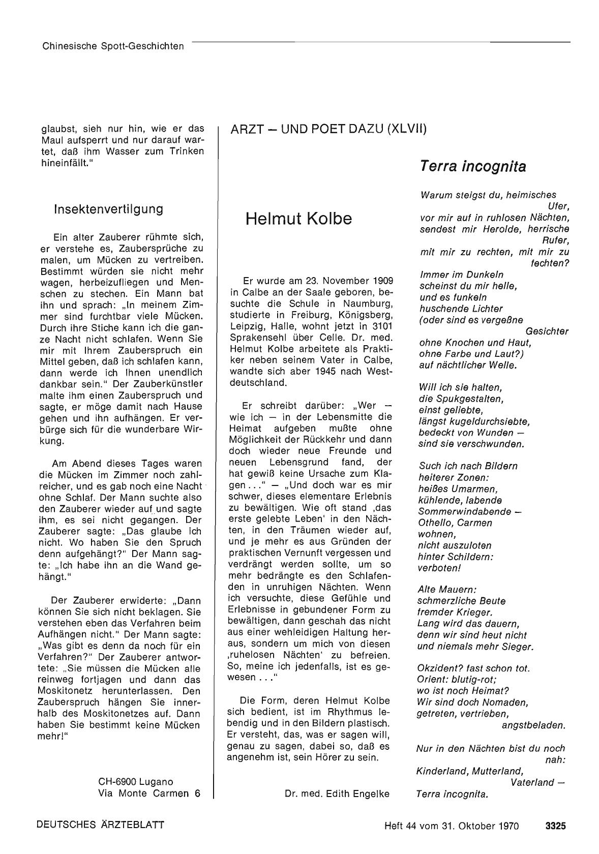Vorschauseite 1: Arzt — und Poet dazu (XLVII): Helmut Kolbe