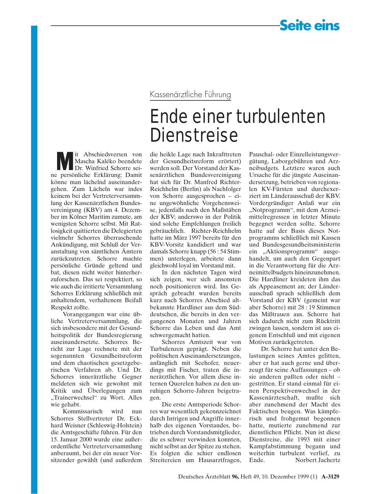 Vorschauseite 1: Kassenärztliche Führung: Ende einer turbulenten Dienstreise