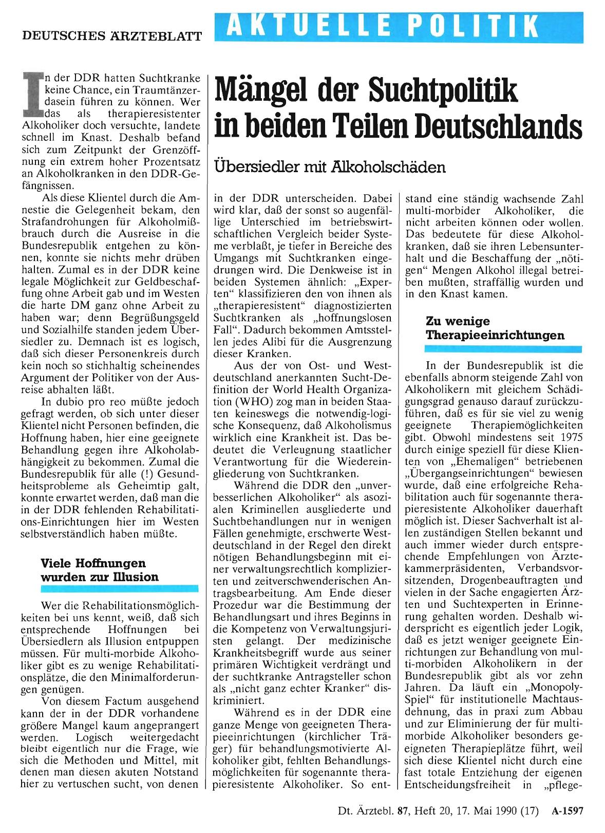 Vorschauseite 1: Mängel der Suchtpolitik in beiden Teilen Deutschlands