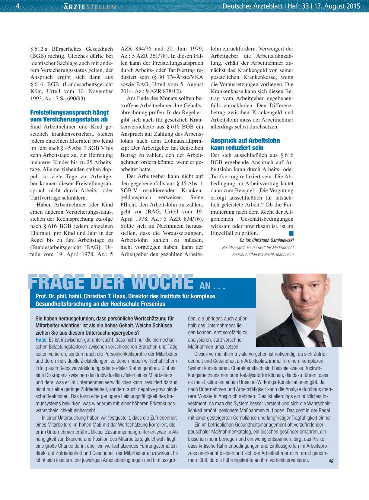 Vorschauseite 1: Frage der Woche an. .. Prof. Dr. phil. habil. Christian T. Haas, Direktor des Instituts für komplexe Gesundheitsforschung an der Hochschule Fresenius
