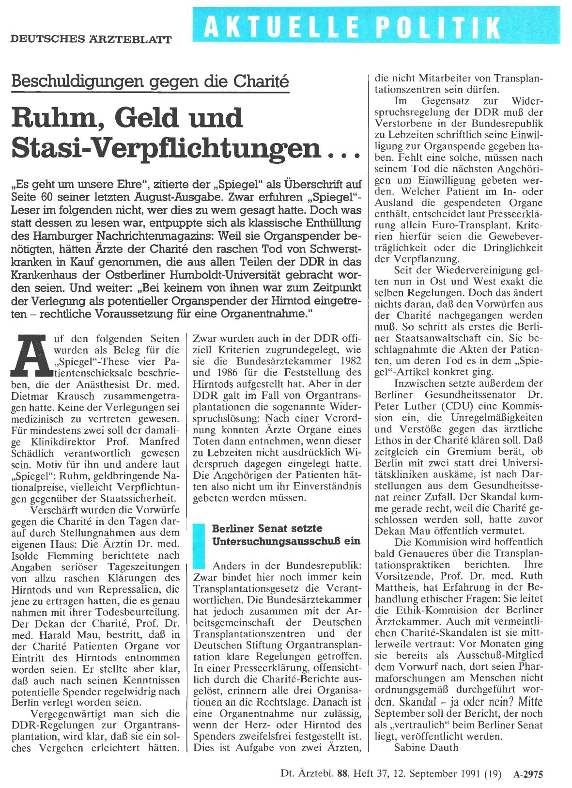 Vorschauseite 1: Beschuldigungen gegen die Charité: Ruhm, Geld und Stasi-Verpflichtungen. ..
