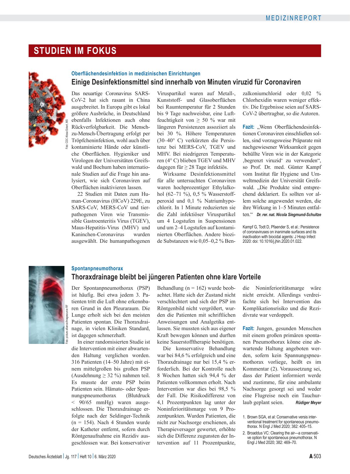 Vorschauseite 1: Oberflächendesinfektion in medizinischen Einrichtungen: Einige Desinfektionsmittel sind innerhalb von Minuten viruzid für Coronaviren