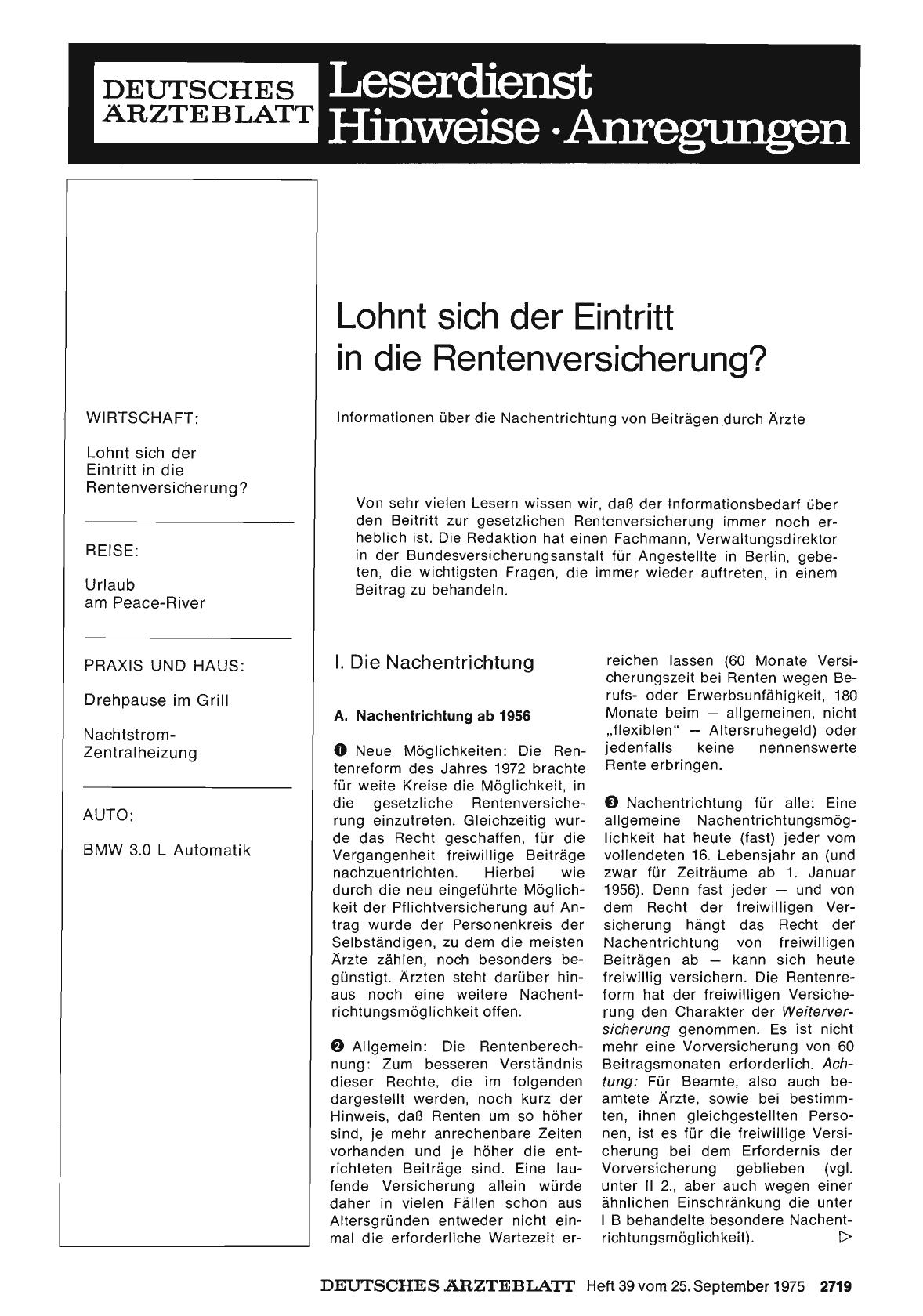 Vorschauseite 1: Lohnt sich der Eintritt in die Rentenversicherung? : Informationen über die Nachentrichtung von Beiträgen durch Ärzte