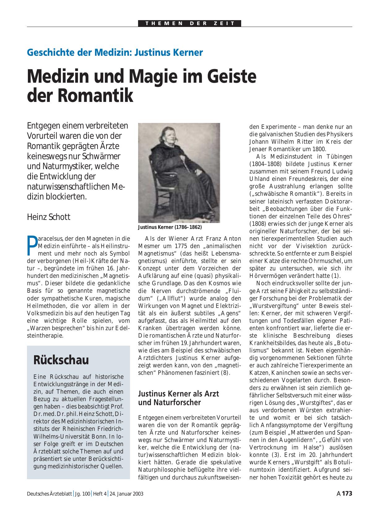 Vorschauseite 1: Geschichte der Medizin: Justinus Kerner – Medizin und Magie im Geiste der Romantik