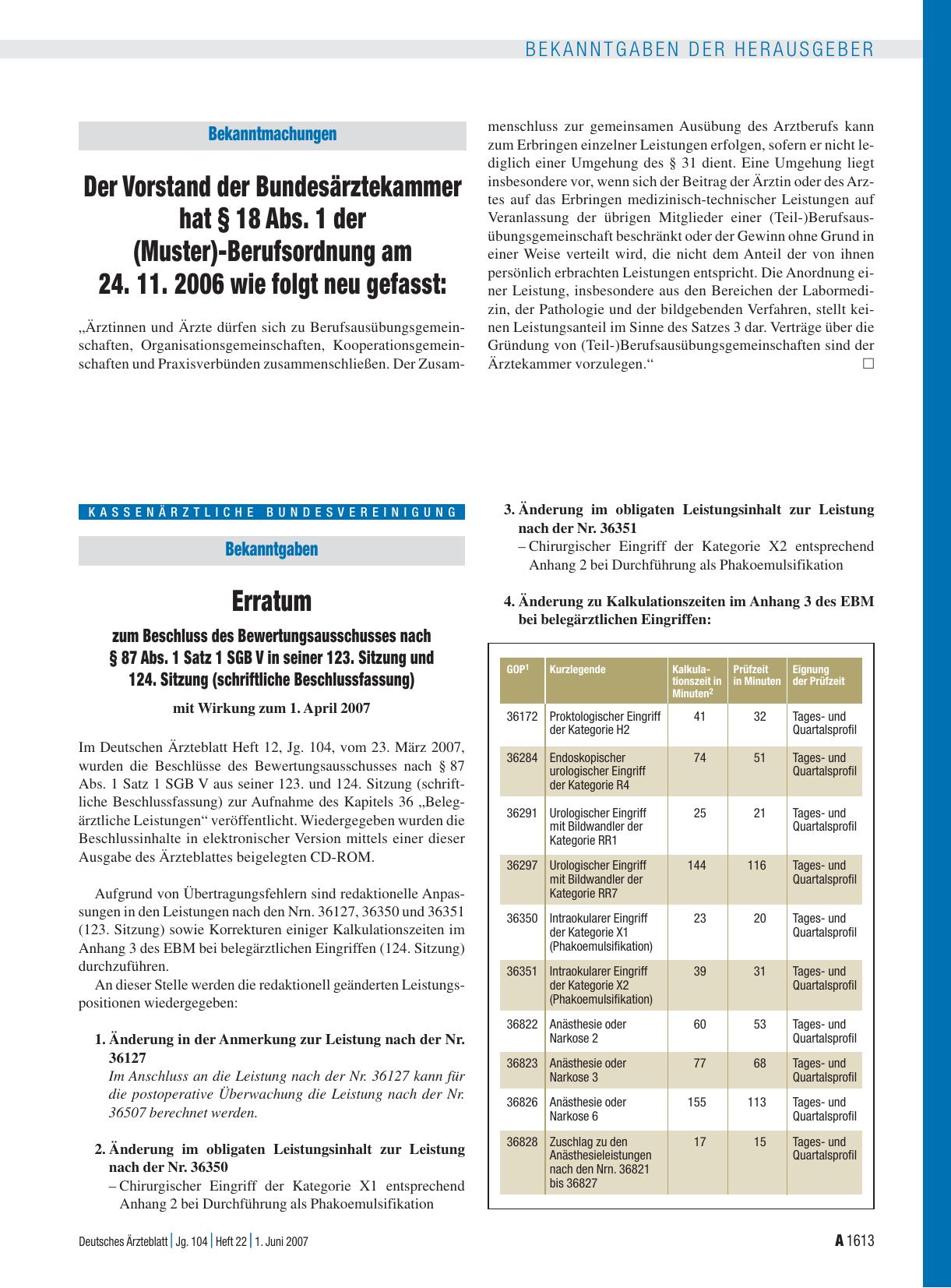 Vorschauseite 1: Bekanntgaben: Erratum zum Beschluss des Bewertungsausschusses nach § 87 Abs. 1 Satz 1 SGB V in seiner 123. Sitzung und 124. Sitzung (schriftliche Beschlussfassung) mit Wirkung zum…