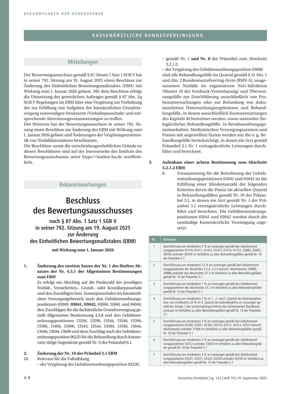 Vorschauseite 1: Beschluss des Bewertungsausschusses nach § 87 Abs. 1 Satz 1 SGB V in seiner 792. Sitzung am 19. August 2025 zur Änderung des Einheitlichen Bewertungsmaßstabes (EBM)