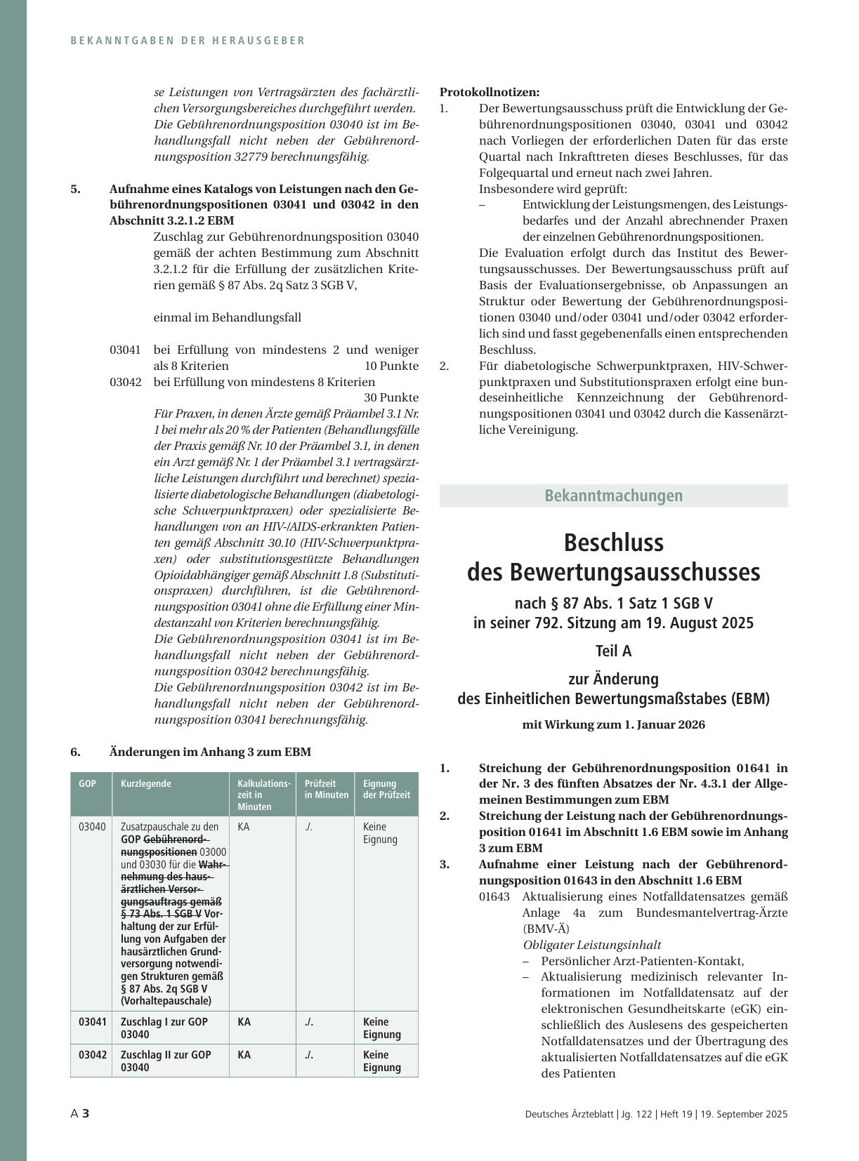 Vorschauseite 3: Beschluss des Bewertungsausschusses nach § 87 Abs. 1 Satz 1 SGB V in seiner 792. Sitzung am 19. August 2025 zur Änderung des Einheitlichen Bewertungsmaßstabes (EBM)