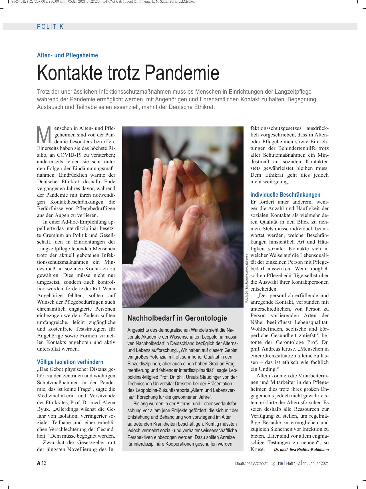 Vorschauseite 1: Altenund Pflegeheime: Kontakte trotz Pandemie