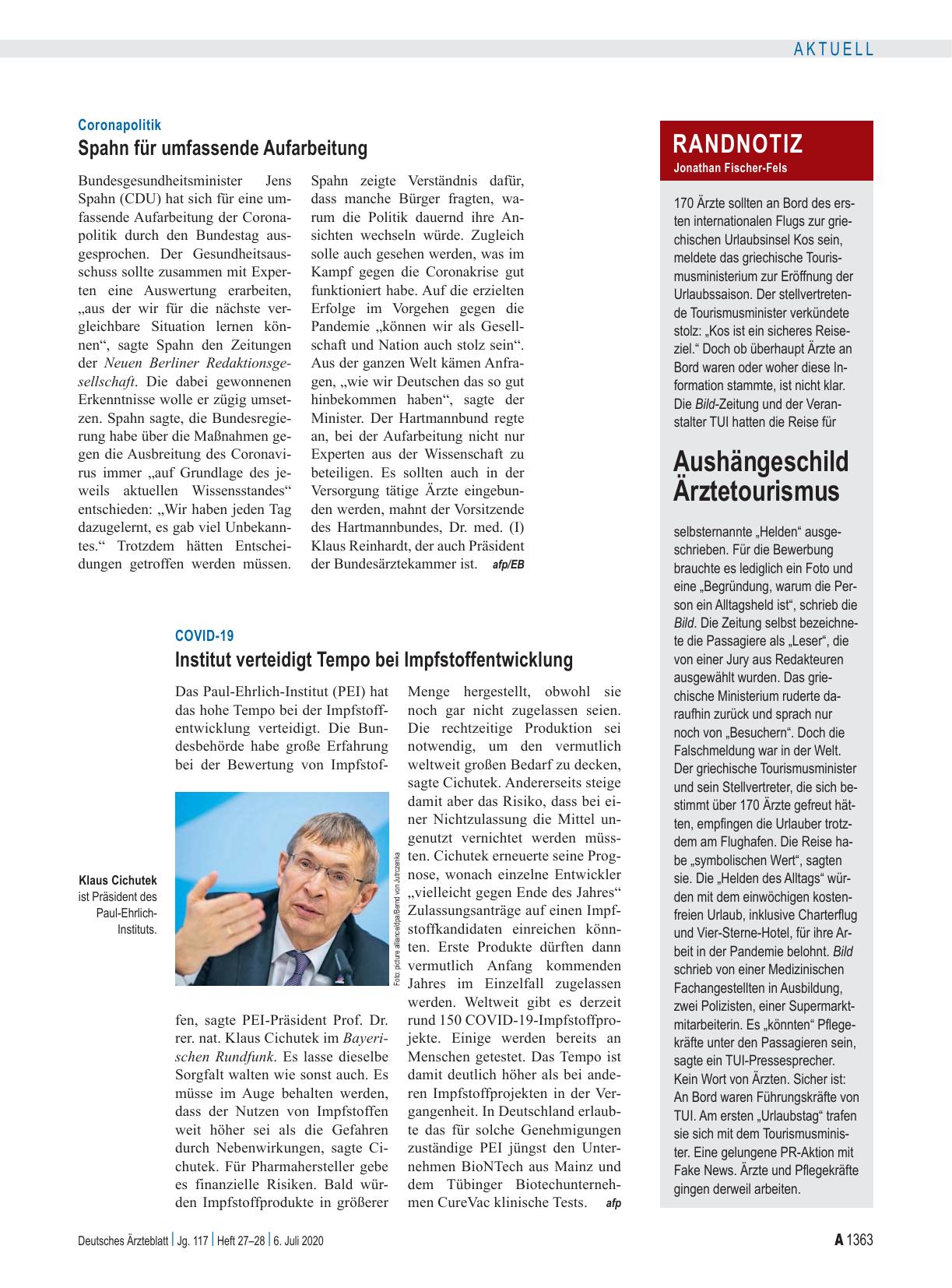 Vorschauseite 1: COVID-19: Institut verteidigt Tempo bei Impfstoffentwicklung