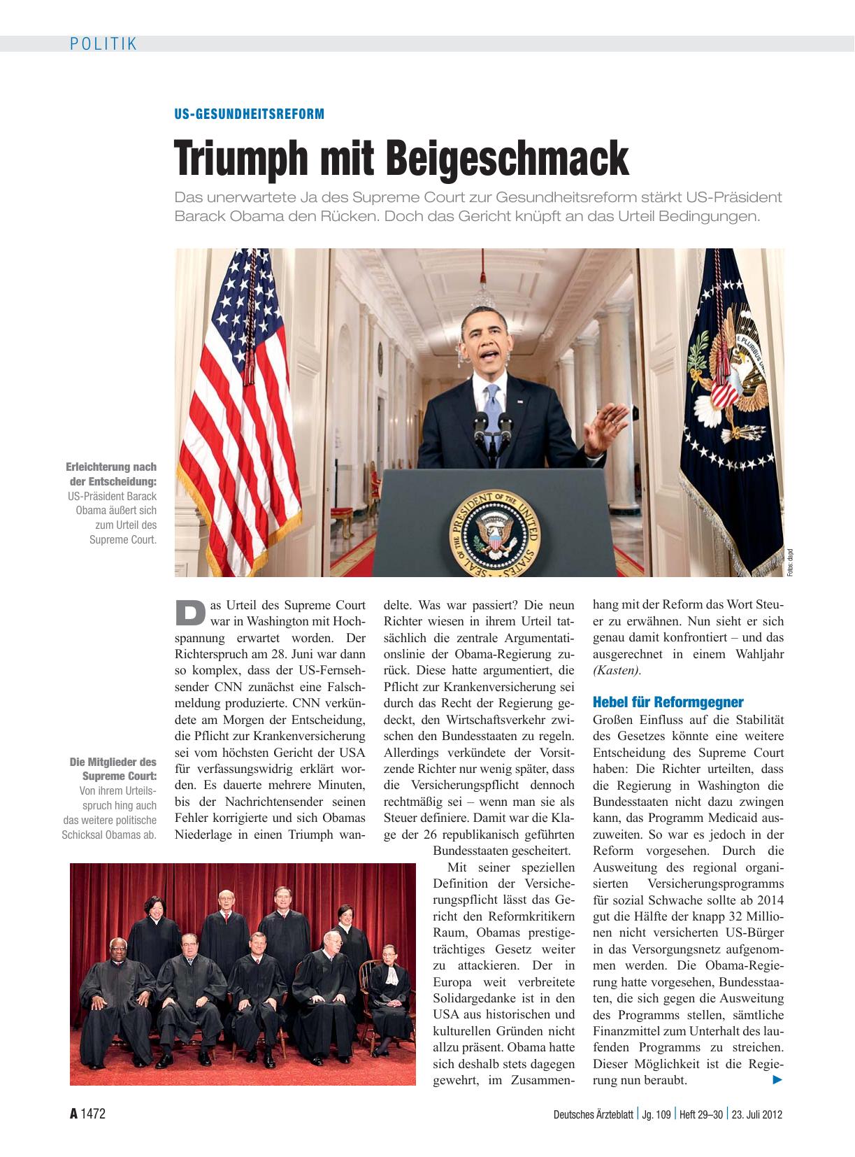 Vorschauseite 1: US-Gesundheitsreform: Triumph mit Beigeschmack