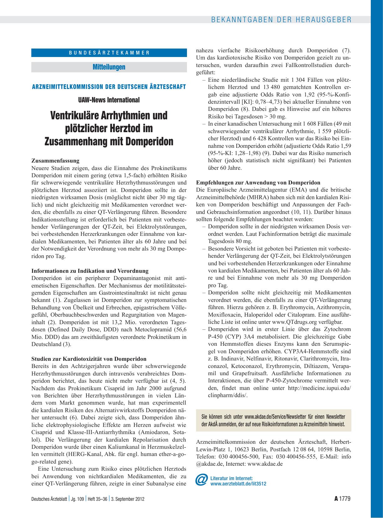 Vorschauseite 1: Arzneimittelkommission der deutschen Ärzteschaft: UAW-News International – Ventrikuläre Arrhythmien und plötzlicher Herztod im Zusammenhang mit Domperidon