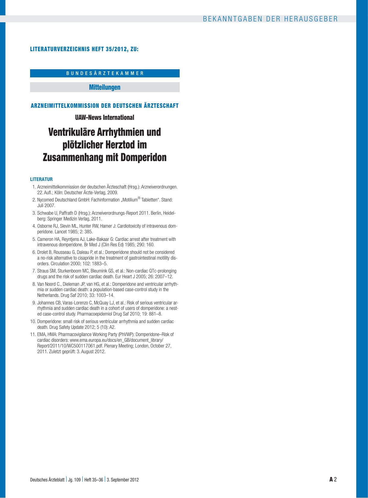 Vorschauseite 2: Arzneimittelkommission der deutschen Ärzteschaft: UAW-News International – Ventrikuläre Arrhythmien und plötzlicher Herztod im Zusammenhang mit Domperidon