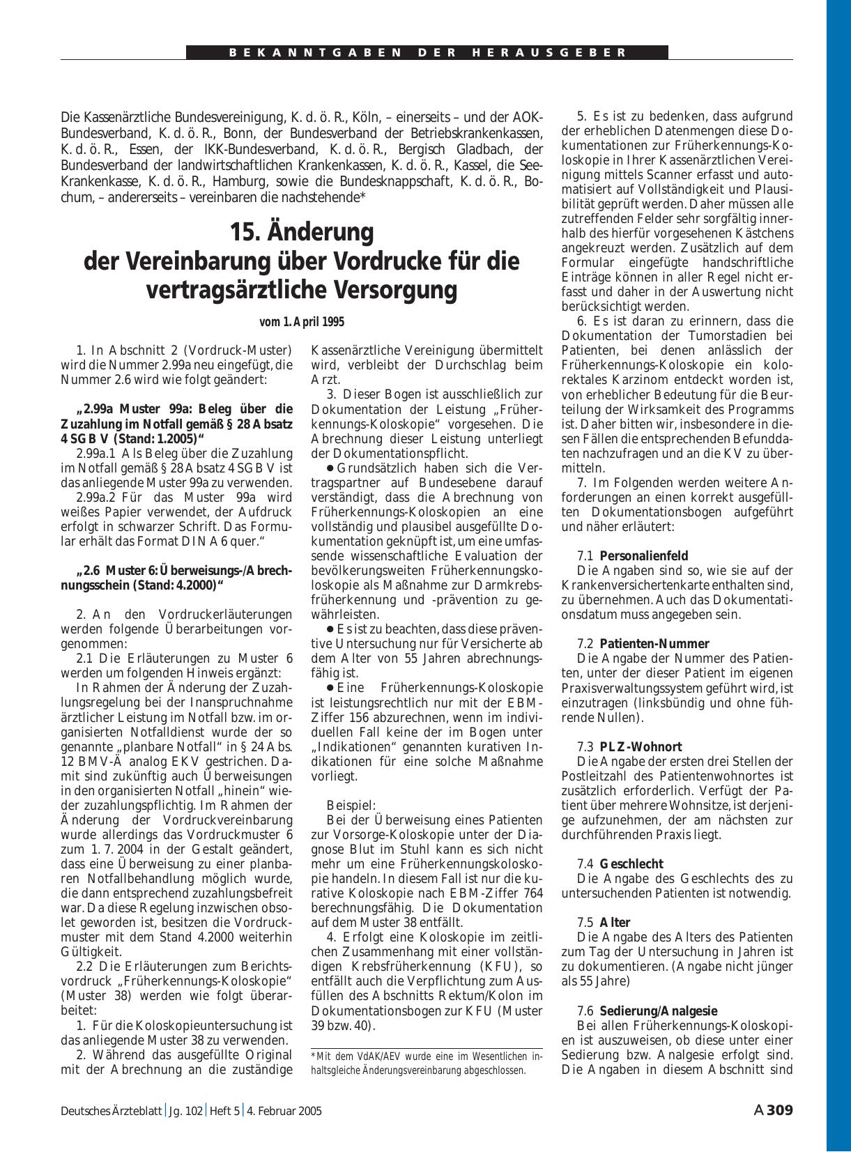 Vorschauseite 1: 15. Änderung der Vereinbarung über Vordrucke für die vertragsärztliche Versorgung vom 1. April 1995