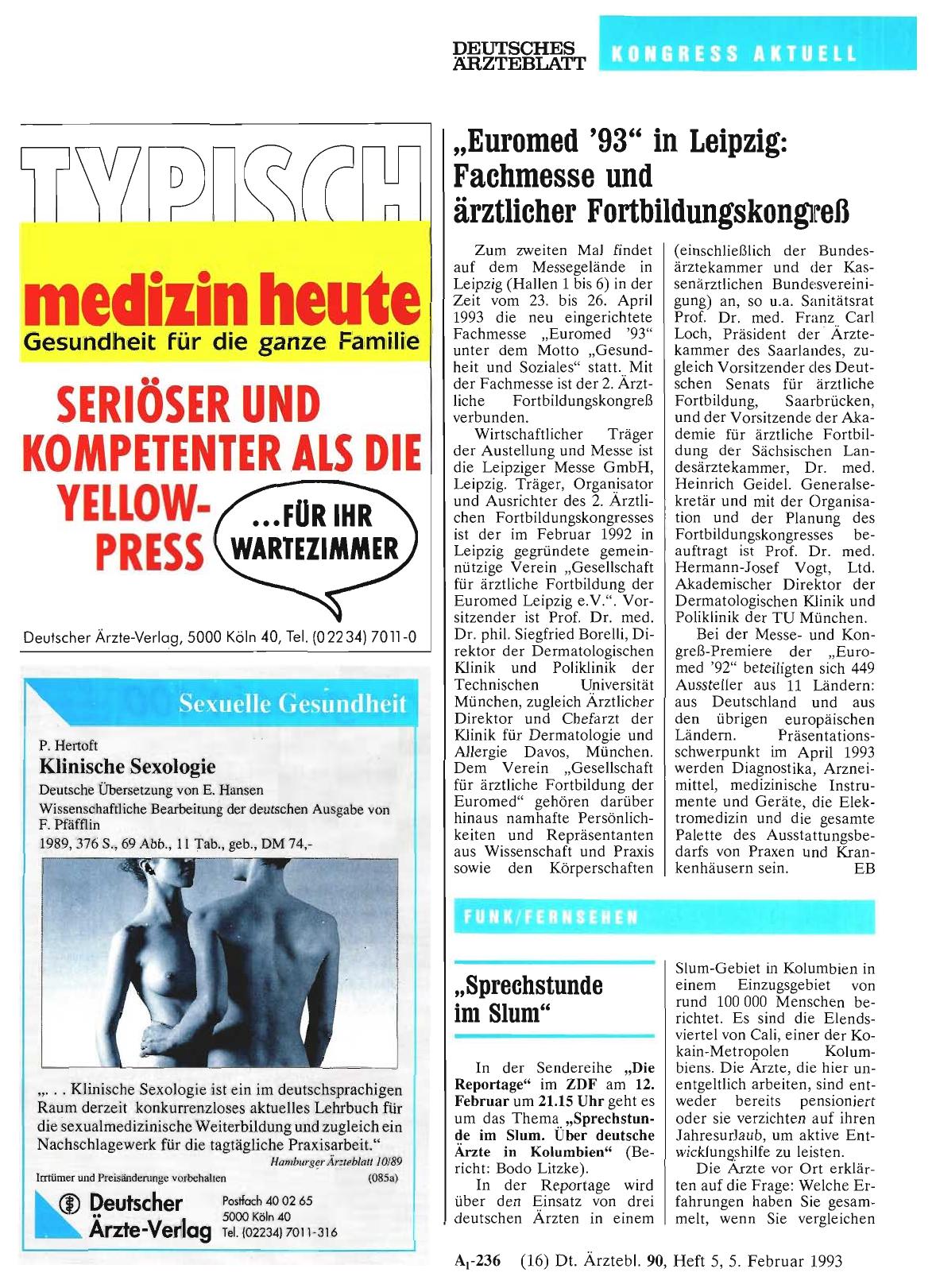 Vorschauseite 1: „Euromed '93“ in Leipzig: Fachmesse und ärztlicher Fortbildungskongreß