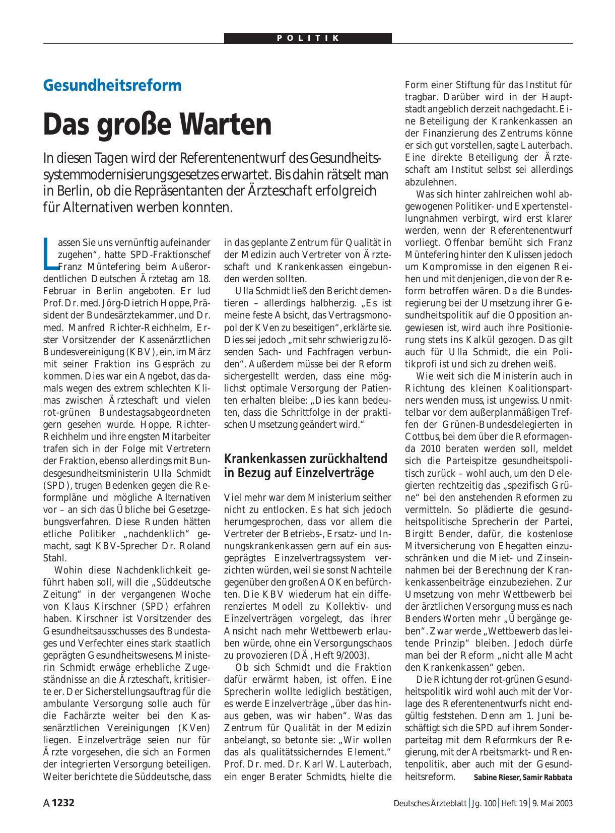 Vorschauseite 1: Gesundheitsreform: Das große Warten