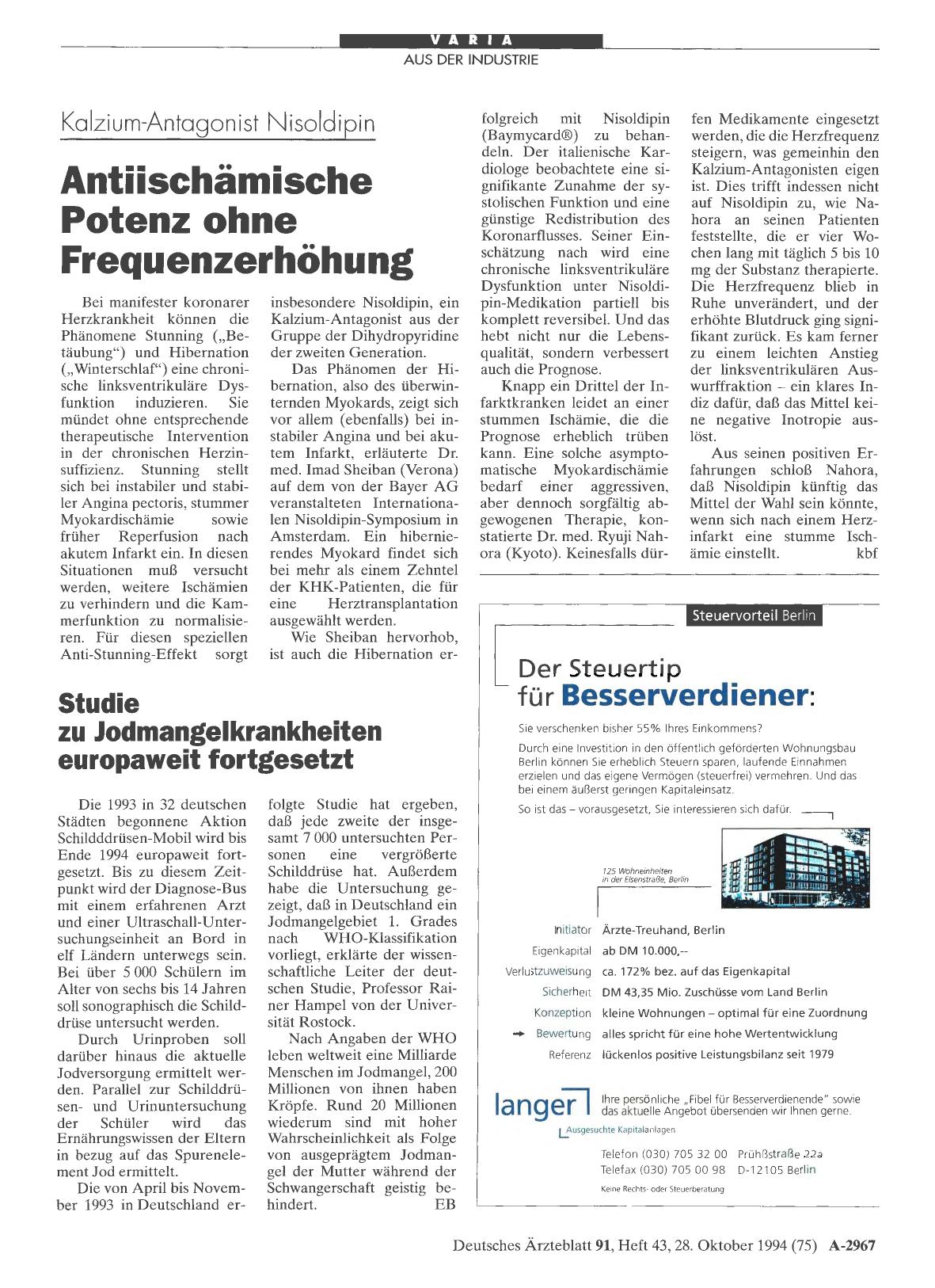 Vorschauseite 1: Kalzium-Antagonist Nisoldipin: Antlischämische Potenz ohne Frequenzerhöhung