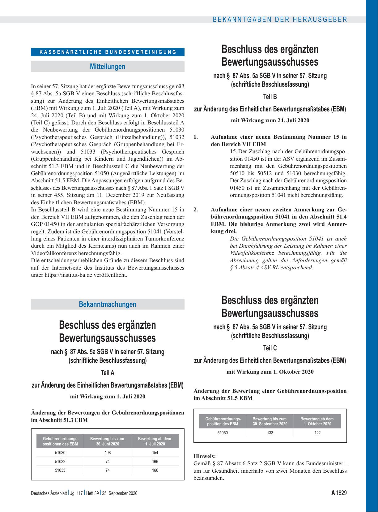 Vorschauseite 1: Beschluss des ergänzten Bewertungsausschusses nach § 87 Abs. 5a SGB V in seiner 57. Sitzung (schriftliche Beschlussfassung)