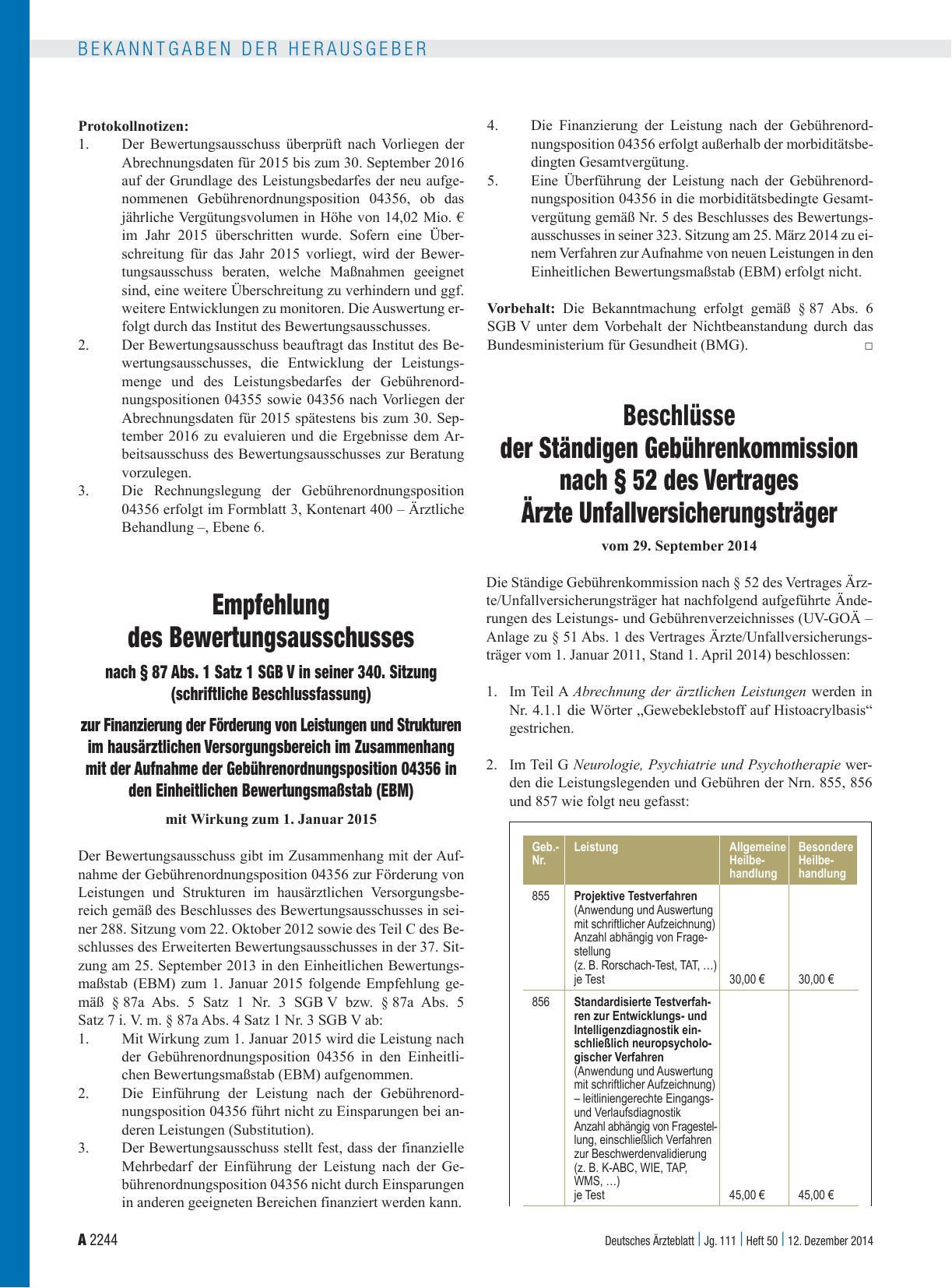 Vorschauseite 1: Beschlüsse der Ständigen Gebührenkommission nach § 52 des Vertrages Ärzte Unfallversicherungsträger