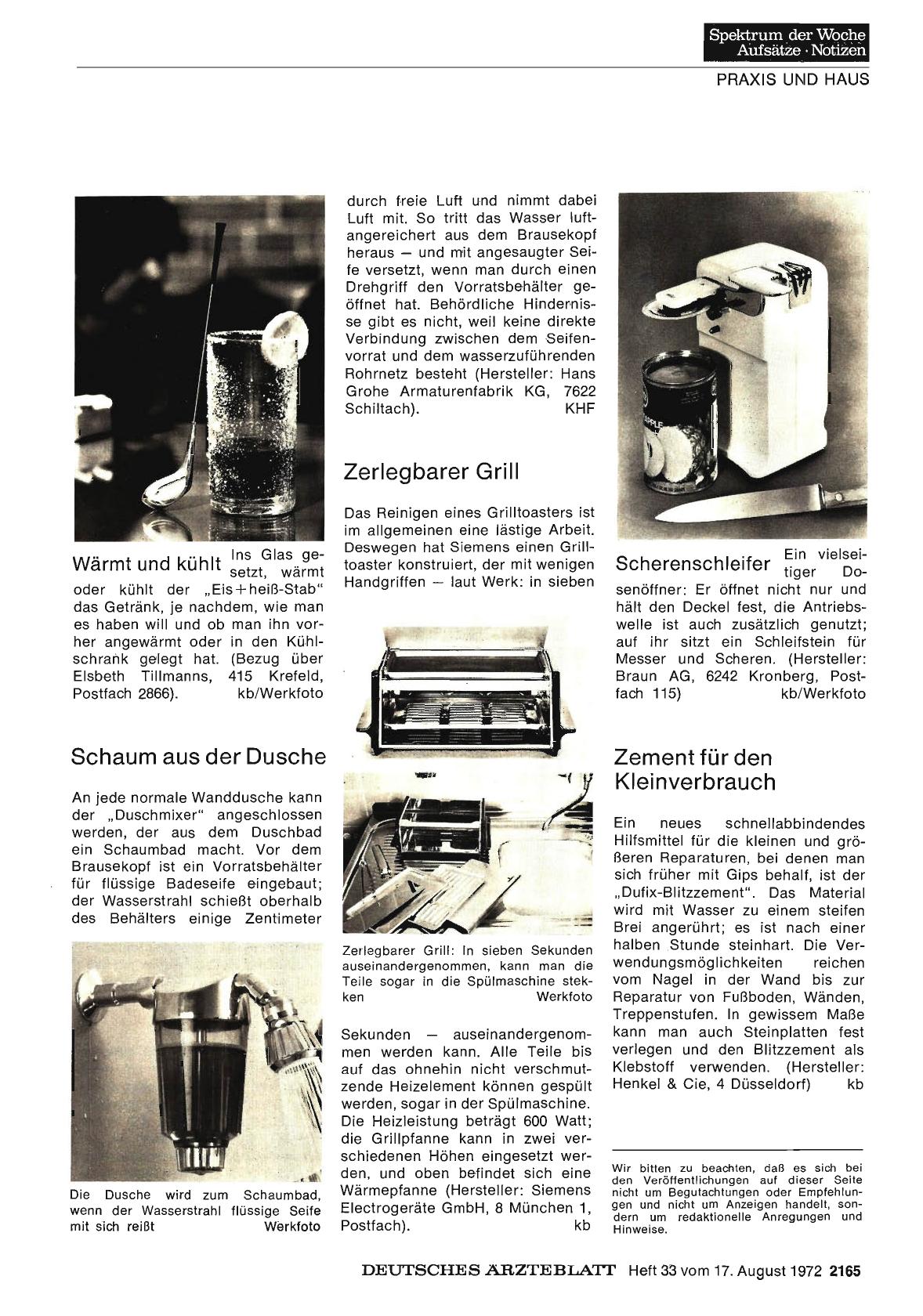 Vorschauseite 1: Wärmt und kühlt / Schaum aus der Dusche / Zerlegbarer Grill / Scherenschleifer / Zement für den Kleinverbrauch