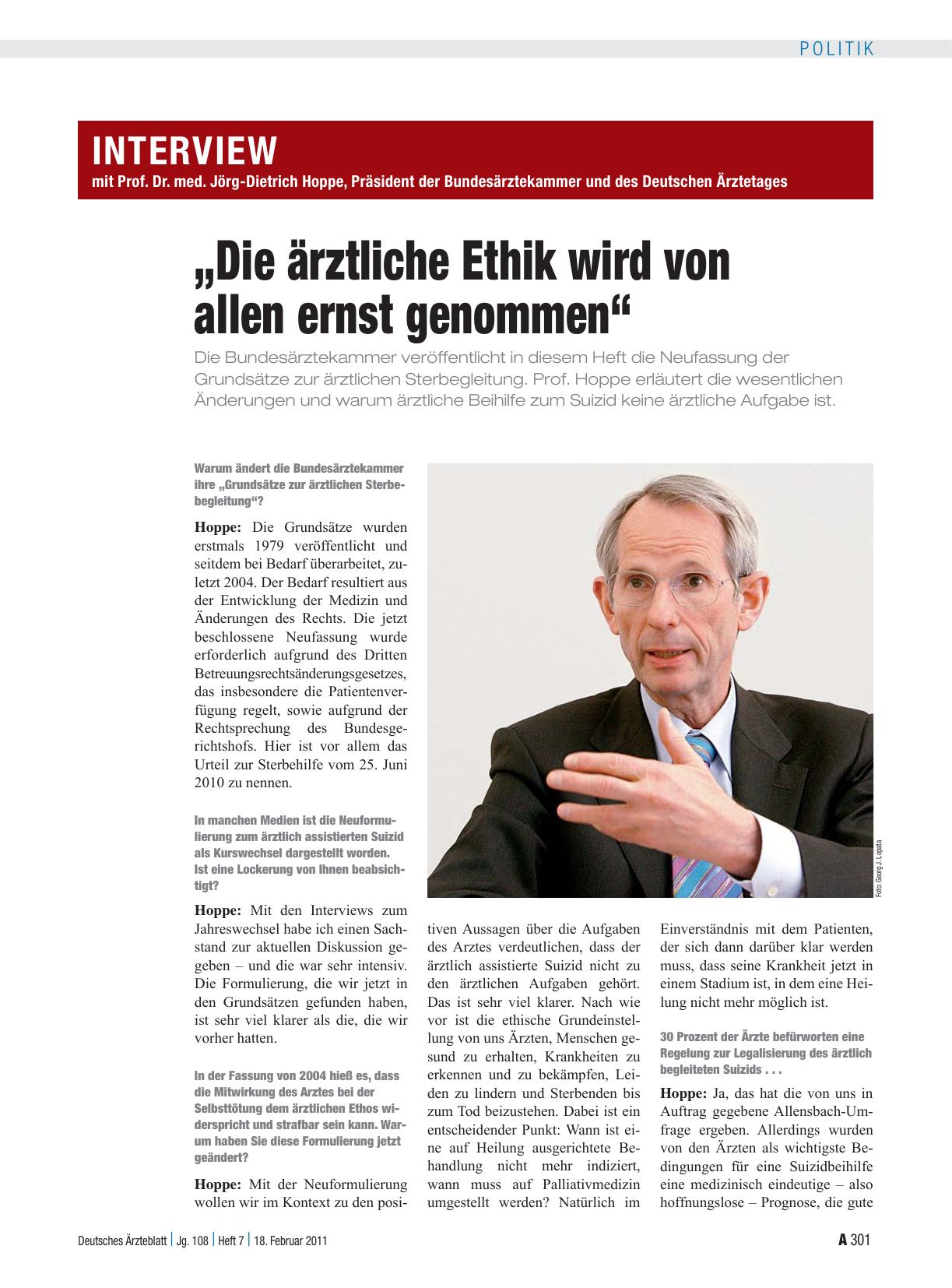 Vorschauseite 1: Interview mit Prof. Dr. med. Jörg-Dietrich Hoppe, Präsident der Bundesärztekammer und des Deutschen Ärztetages: „Die ärztliche Ethik wird von allen ernst genommen“