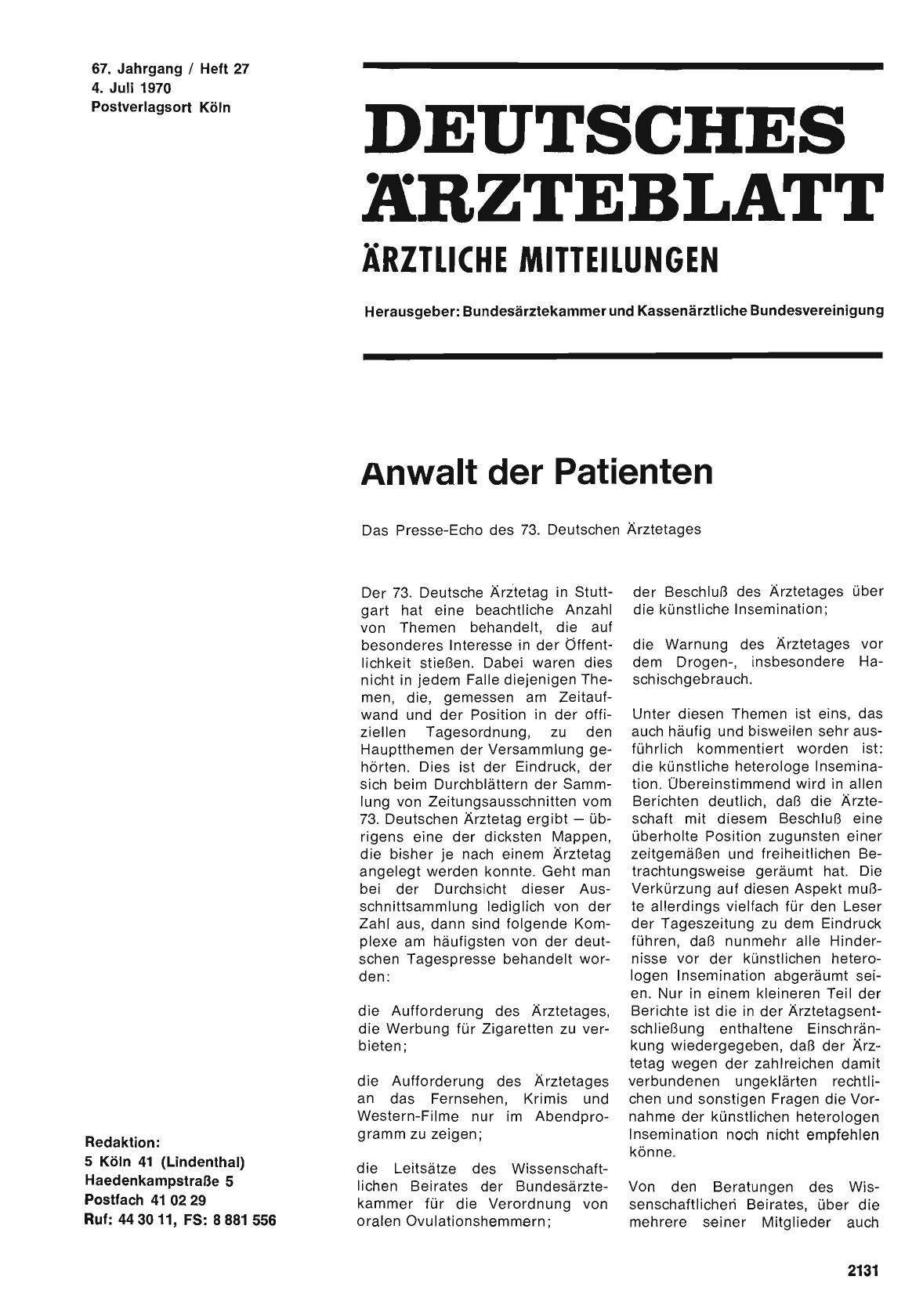 Vorschauseite 1: Anwalt der Patienten: Das Presse-Echo des 73. Deutschen Ärztetages
